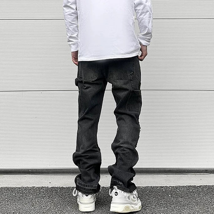 patchwork design denim flare jeans pants men casual zipper straight biker trousers jeans fashion streetwear hip hop jean joggers unique joggers style 2598