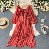 Chic Elegant Square Collar Maxi Dress Women Solid Chiffon Puff Sleeve Dresses 2023 Korean Fashion Vintage Ruffle Vestidos