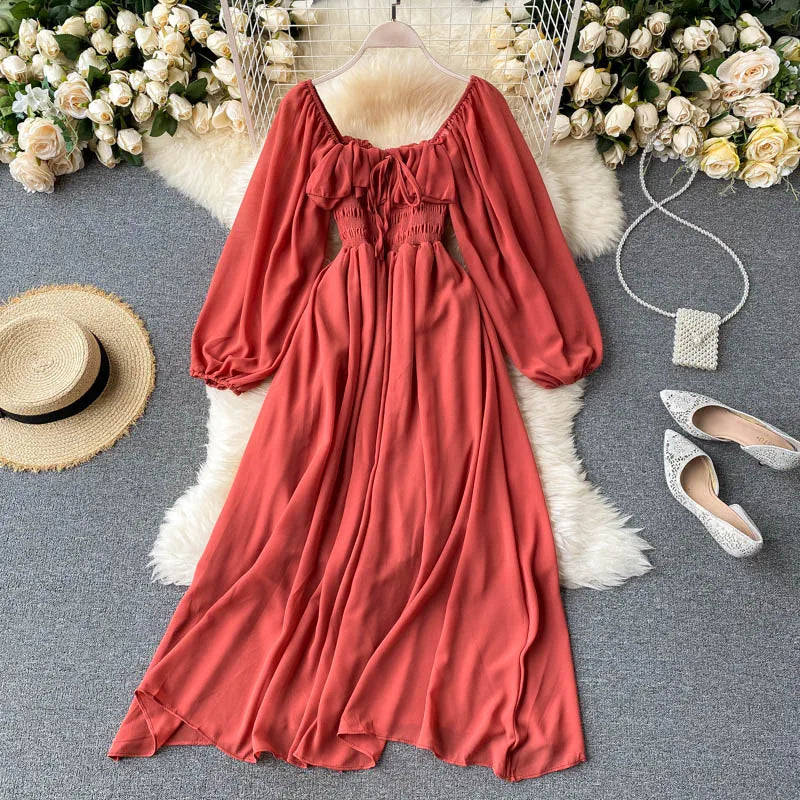 Chic Elegant Square Collar Maxi Dress Women Solid Chiffon Puff Sleeve Dresses 2023 Korean Fashion Vintage Ruffle Vestidos