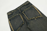 streetwear heavy craft washed distressed faded jeans flare slim straight tassel jeans for men and women raw edge denim pants unique jeans style 674