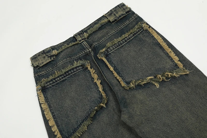 streetwear heavy craft washed distressed faded jeans flare slim straight tassel jeans for men and women raw edge denim pants unique jeans style 674
