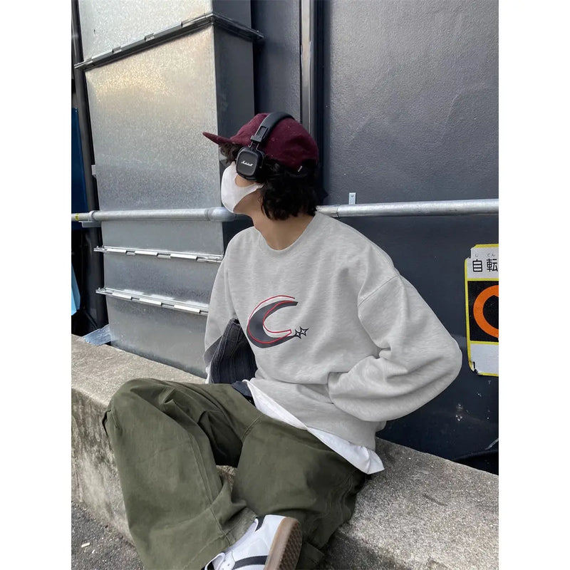 Autumn Winter Personalized Korean Maillard Crescent Moon Contrast Printed Sweatshirts Men Women Y2K Casual Retro Jacket Tops