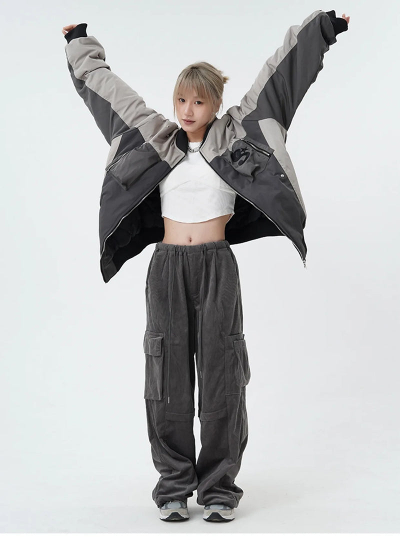 women high street corduroy pants casual elastic waist side pocket loose straight pant unisex hip hop y2k loose streetwear jogger unique joggers style 2362