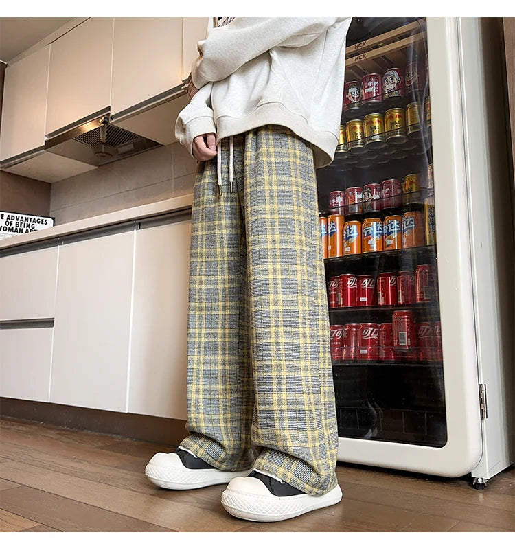 mens plaid pants baggy winter trendy fleece loose straight wide leg mopping trousers unisex thick velvet warm long pants unique default style 1117