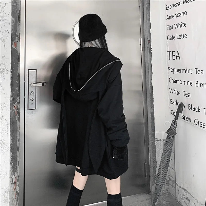 Autumn Winter Emo Bunny Hoodie Women Zip Up Kawaii Sweatshirt Rabbit E