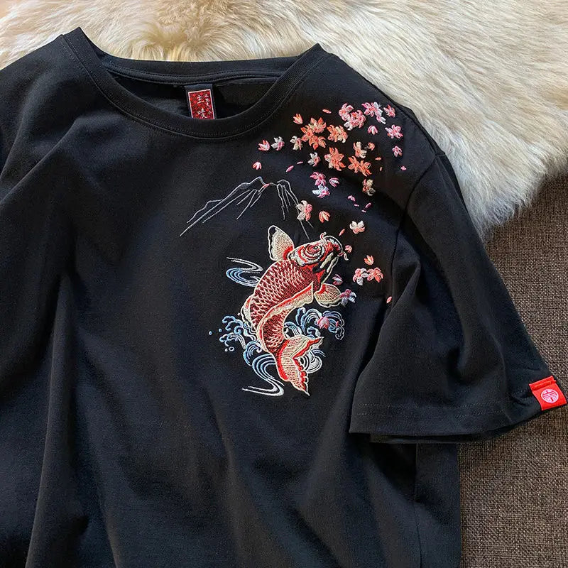 Cyberpunk Graphic Tee – New Summer Aesthetic Vintage Carp Fish Embroidery T Shirts W – Modern Streetwear for Everyone