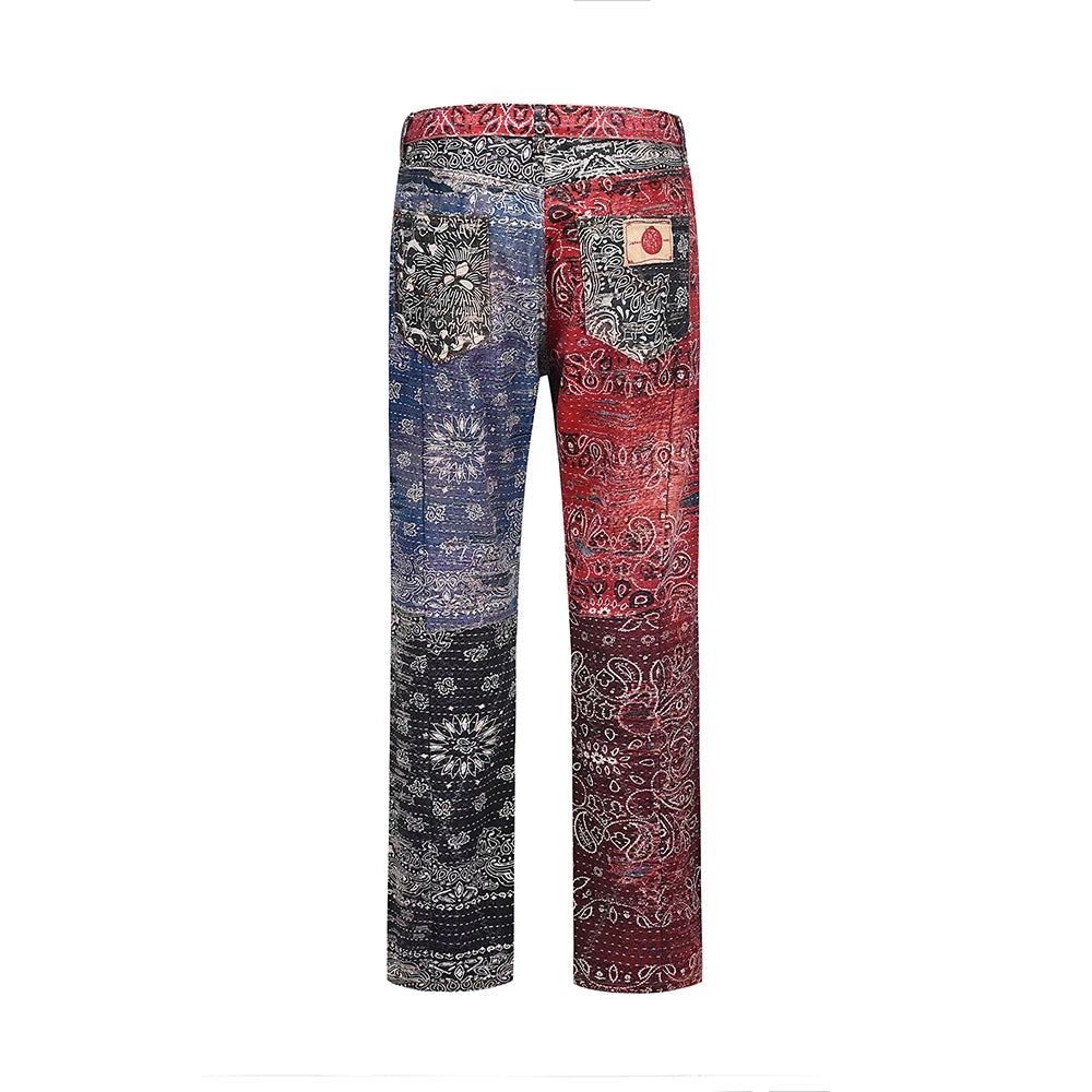 hip hop distressed paisley patchwork baggy jeans pants for men straight y2k ripped casual cargos oversized denim trousers combat utility trousers
