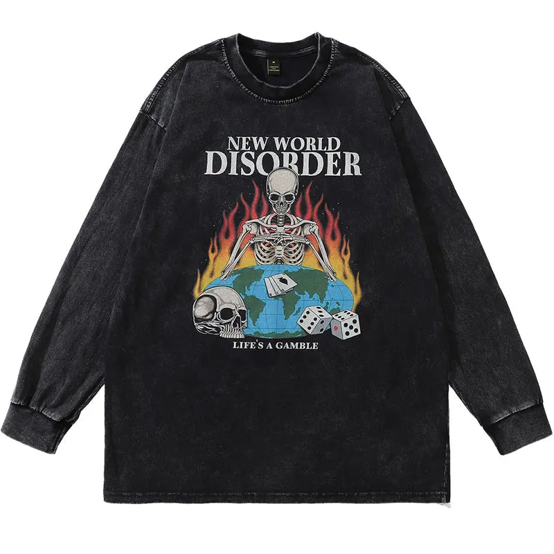 Sadcore Graphic tee – Men Long Sleeve Tshirt Hip Hop Flame Skull Skeleton Poker Pr