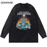 Sadcore Graphic tee – Men Long Sleeve Tshirt Hip Hop Flame Skull Skeleton Poker Pr