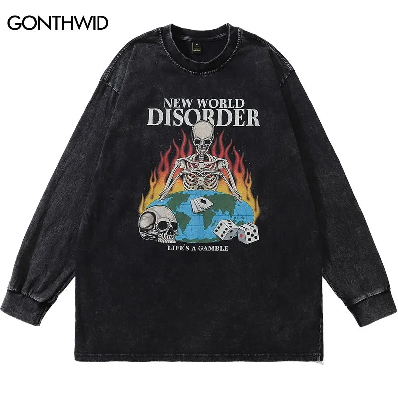 Sadcore Graphic tee – Men Long Sleeve Tshirt Hip Hop Flame Skull Skeleton Poker Pr