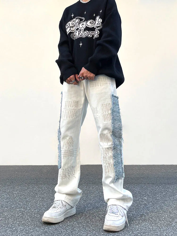 irregular sewing scratched patchwork denim jeans men casual straight biker zipper trousers streetwear hip hop jean pants joggers unique joggers style 3572