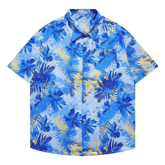 Vacation Loose Shirts Summer Refreshing Turn Down Collar Leaf Print Half Sleeve Shirt Versatile Daily Tops