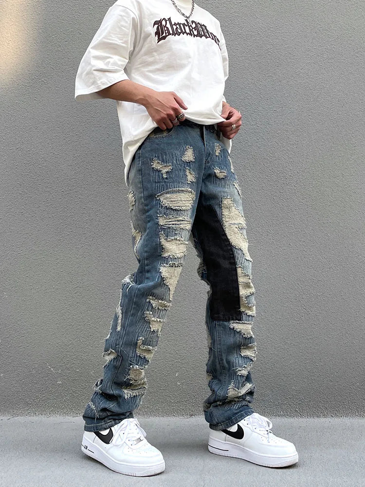 destroy ripped scratched patchwork denim jeans mens casual straight biker zipper trousers streetwear hip hop jean pants joggers unique joggers style 3906