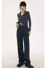 navy blue vintage jeans womans high waist summer wide leg denim trouser baggy streetwear chic design ladies straight jean pants unique jeans style 2871