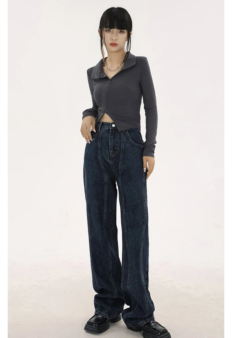 navy blue vintage jeans womans high waist summer wide leg denim trouser baggy streetwear chic design ladies straight jean pants unique jeans style 2871