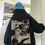 Y2K Vintage Rose Graphic Print Hoodies For Men Goth Fashion Streetwear Clothes Casual Fleece Hip Hop Loose Pullover Sweatshirts