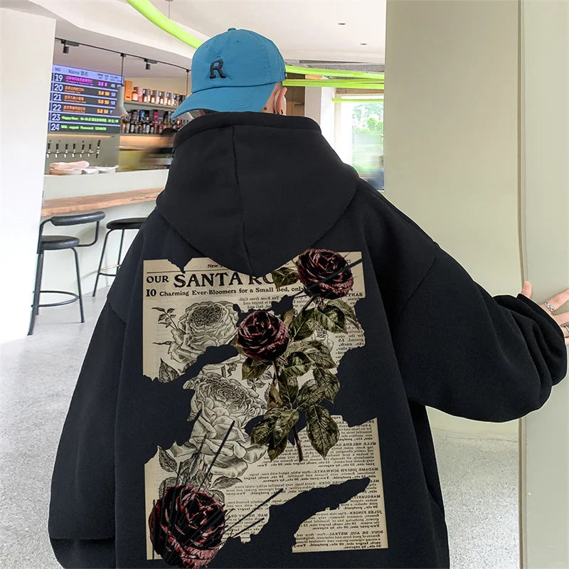 Y2K Vintage Rose Graphic Print Hoodies For Men Goth Fashion Streetwear Clothes Casual Fleece Hip Hop Loose Pullover Sweatshirts