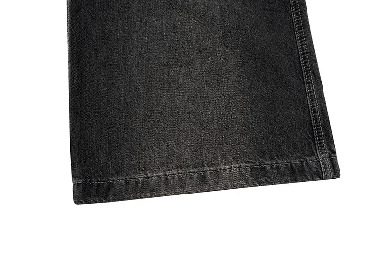 ro style ribbons wide leg multi pockets smoke grey baggy jeans for men straight pantalones hombre drawstring denim trousers unique jeans style 1213