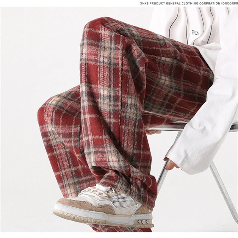new mens y2k plaid casual baggy trousers autumn korean fashion straight woolen pants y2k vintage streetwear pantalones hombre unique default style 408