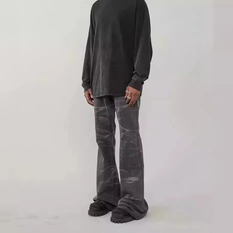 american tie dyed washed flared jeans european and american streetwear ripple design mens trendy distressed flare denim pants stacked flare jeans
