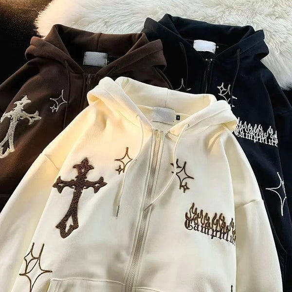 Hoodies Women Retro Harajuku Hip Hop Jacket High Street Zip Up Hoodie