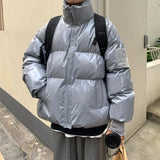 Winter Jacket Men Parkas Thicken Warm Coat Stand Collar Oversize Parkas Bright Leather Fabric Jacket Korean Style Padded Coat