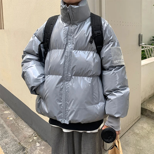 Winter Jacket Men Parkas Thicken Warm Coat Stand Collar Oversize Parkas Bright Leather Fabric Jacket Korean Style Padded Coat