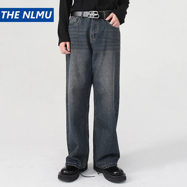 men baggy jeans korean fashion loose straight denim pants male blue casual jeans trousers denim street jeans