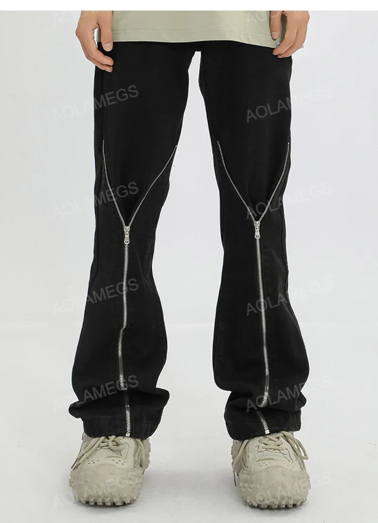 streetwear mens zipper jeans solid color patchwork straight jeans summer casual hip hop denim pants high street loose trousers unique jeans style 3499