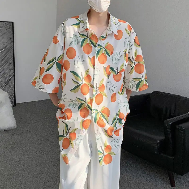 Gothic Streetwear – Orange Cute Fruit Peaches Full Print Shirts Loose Half Sleev – Modern Streetwear for Everyone