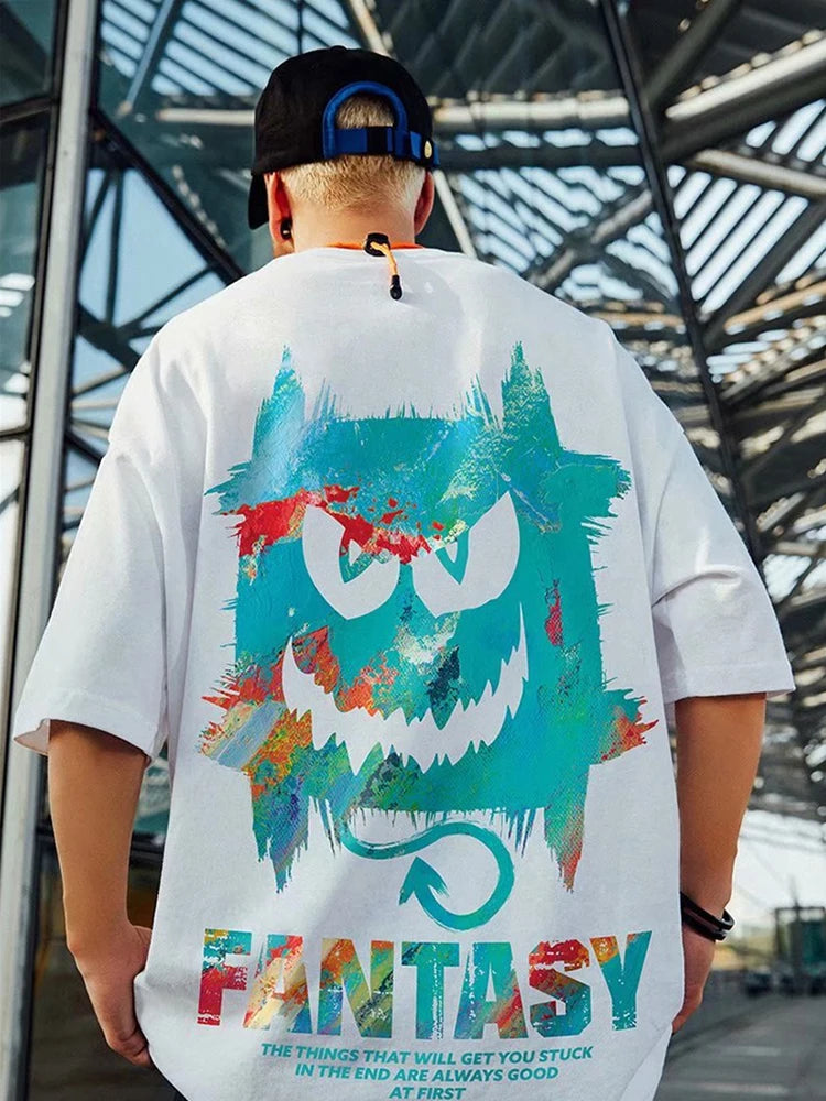 Skatercore Chrome print – Harajuku Devil Graffiti Print Oversized Tee Shirts Men Summer