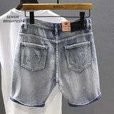 Light Blue Ripped Summer Denim Shorts Street Heavy Washed Destroyed Shorts Men