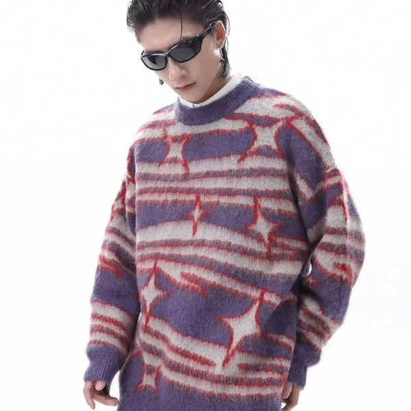 japanese hip hop sweater set men contrast zebra pattern round neck knit top splicing distressed loose jeans 2 pcs harajuku suit urban skinny jeans