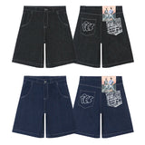 hip hop pockets embroidery letter print jeans shorts for men summer retro oversized wide leg denim knee lenght pants unique jeans style 3635