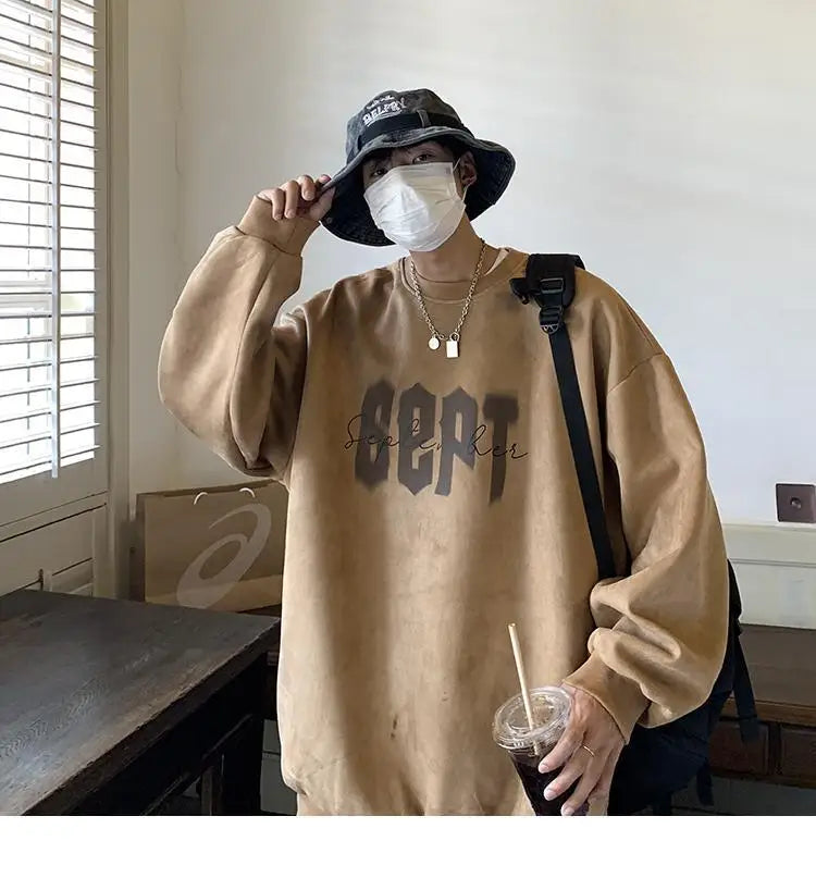 Suede Korean Trendy Round Neck Sweatshirt for Men American Retro Print Trendy Brand Autumn Loose Couple Wear Jacket Tops