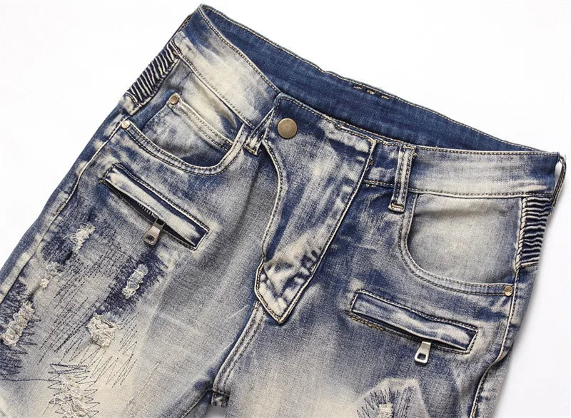 distressed washed pleated denim jean pants new fashion biker jeans streetwear casual slim pants jogger y2k mens skinny joggers unique joggers style 4142