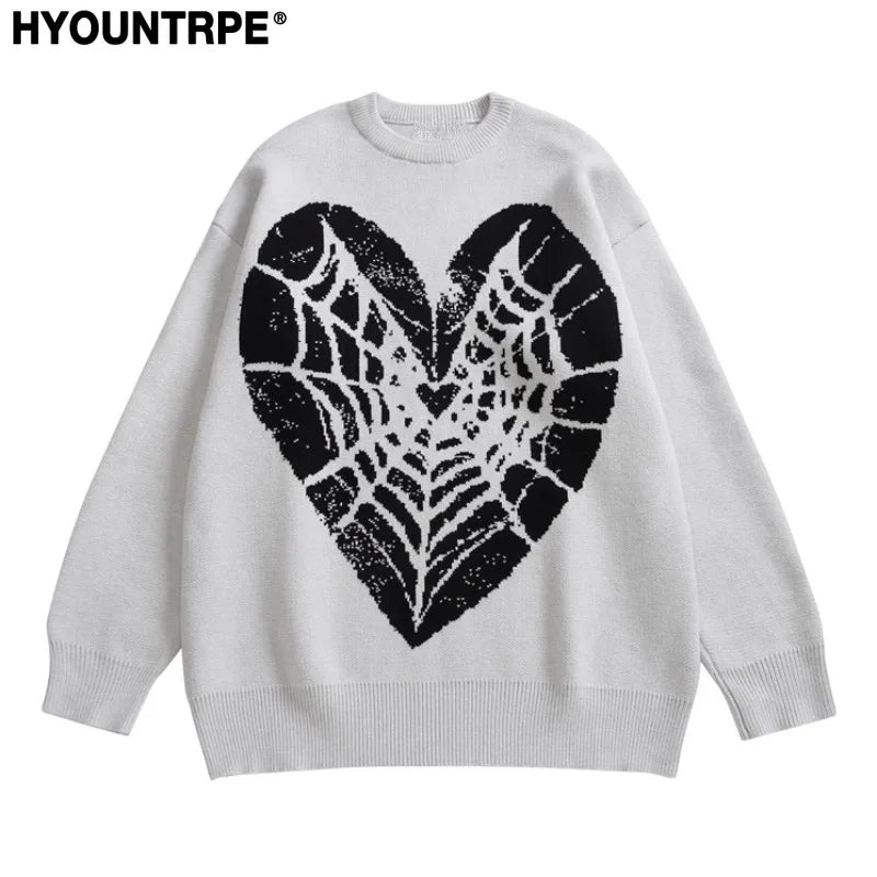 hip hop knitted sweater men winter o neck anime spider web pattern pullover streetwear casual loose sweater warm jumper knitwear - gothic aesthetic hoodie for winter, unisex casual winter pullover, vintage look oversized hoodie