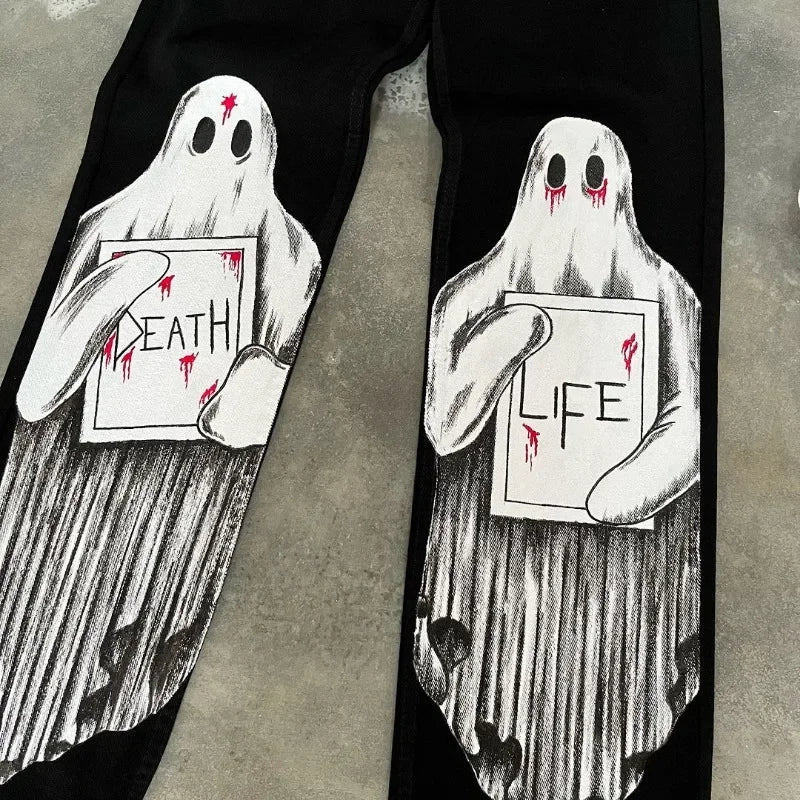street retro dark style cartoon anime print oversized wide leg pants women y2k harajuku trendy brand high waist washed trousers unique default style 3348