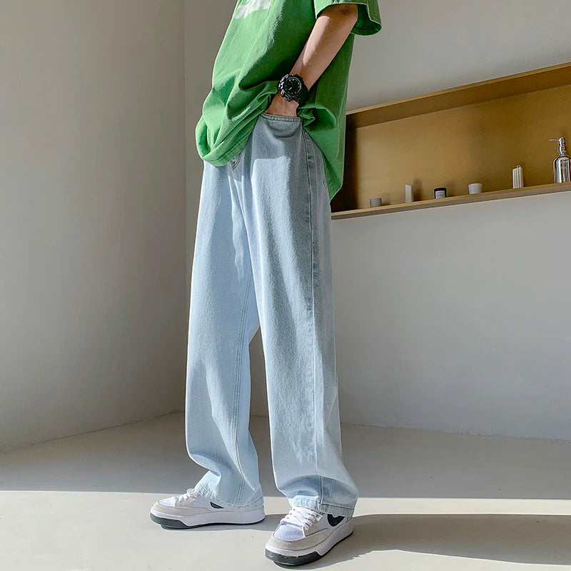 4 colors baggy jeans men fashion casual wide leg jeans men streetwear loose hip hop straight denim pants mens trousers m 2xl stacked flare jeans