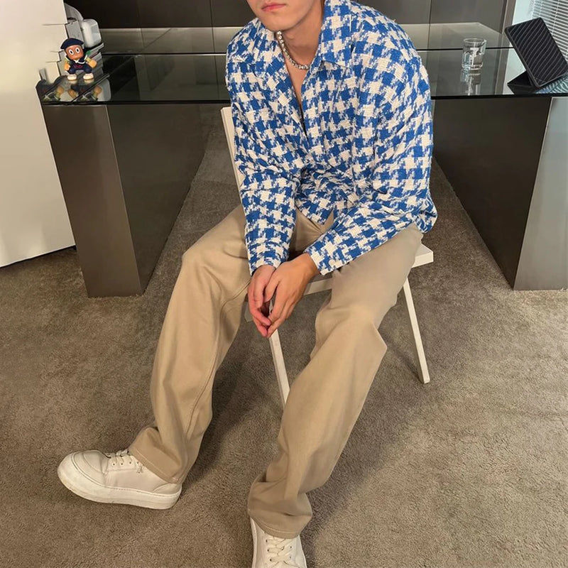 2024 Spring New Simple Versatile Fashionable Blue Houndstooth Woolen Shirt Style Genderless Casual Unisex Long-Sleeved Shirt