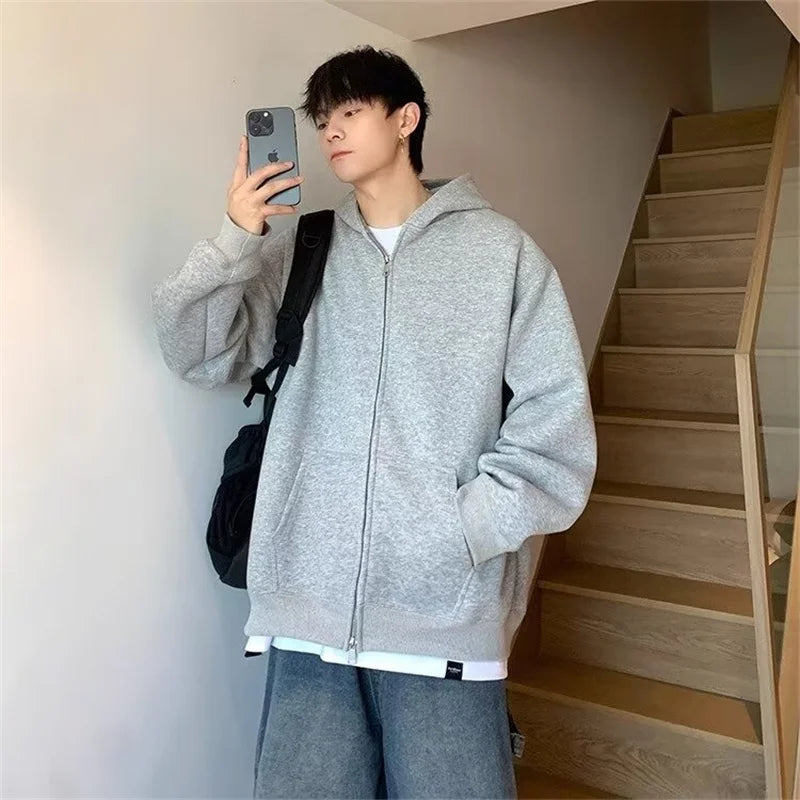 Casual Cotton Street Sweater – Winter Mens Fleece Zipper Hooded Sweatshirts 2025 New Classic Solid Color Oversized Hoodies Y2K Streetwear Outerwear Tracksuit | Zip Knit Drop #224