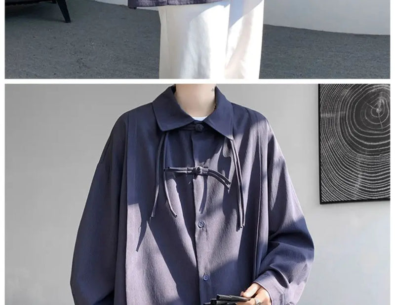 Shirts for men spring and autumn style national fashion design loose and versatile large size outer wear lapel long sleeved tops
