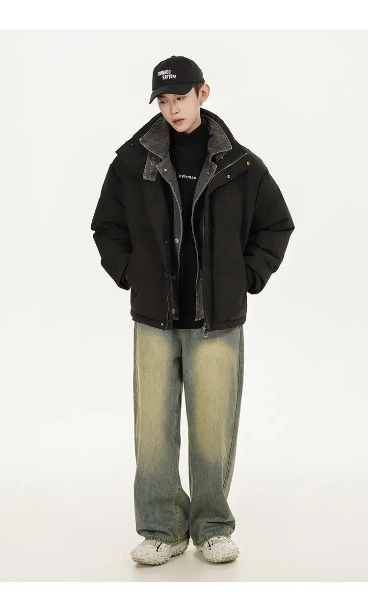 Winter Splice Denim Cotton-padded Jacket Men Women Stand Collar Fashion Loose Casual Thicken Warm Parkas Jacket Boyfriend Coat