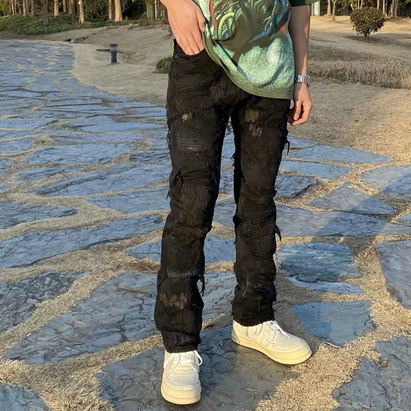 high street hole distressed ripped straight baggy jeans for men washed patchwork casual cargo pants oversized denim trousers unique cargo style 2869