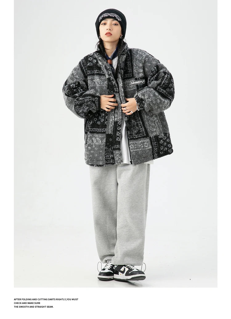 Skatercore Fit – Men Paisley Fleece Jackets Coats Fashion Hairy Zipper Loose