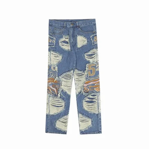 fashion embroidery destroyed ripped tassel holes denim jean pants mens casual loose straight jeans hip hop streetwear joggers unique joggers style 4335