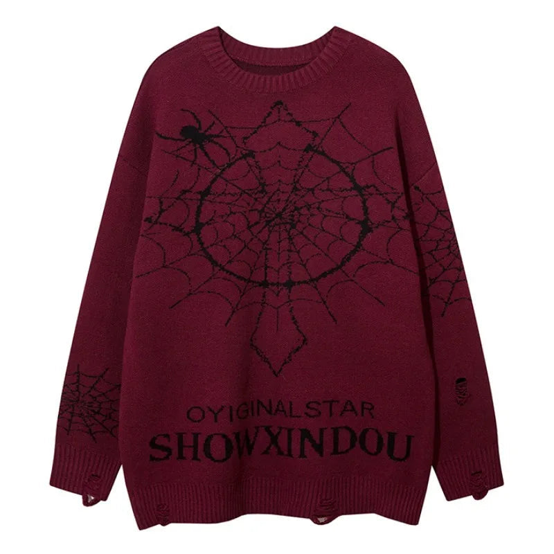 hip hop knitted sweater men winter o neck anime spider web pattern pullover streetwear casual loose sweater warm jumper knitwear 1 aesthetic street look hoodie, Y2K vintage urban hoodie, urban wear with bold artwork