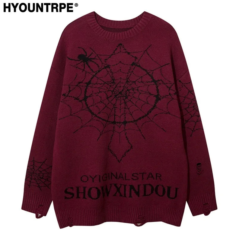 hip hop knitted sweater men winter o neck anime spider web pattern pullover streetwear casual loose sweater warm jumper knitwear 1 aesthetic street look hoodie, Y2K vintage urban hoodie, urban wear with bold artwork