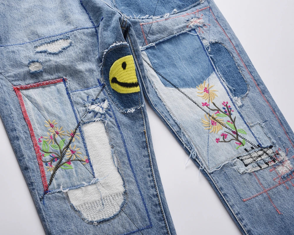 high street floral embroidery patchwork ripped blue jeans pants for male retro straight casual denim trousers oversized jean 1 unique jeans style 1389
