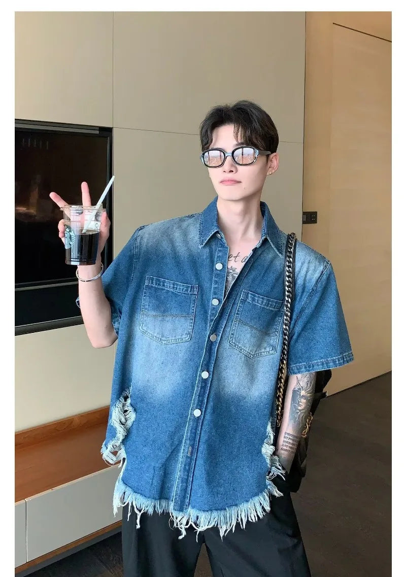 fashion high street mens set 2024 multi pocket short sleeved denim shirt casual straight leg pants 2 pcs set summer suit unisex unique jeans style 4492